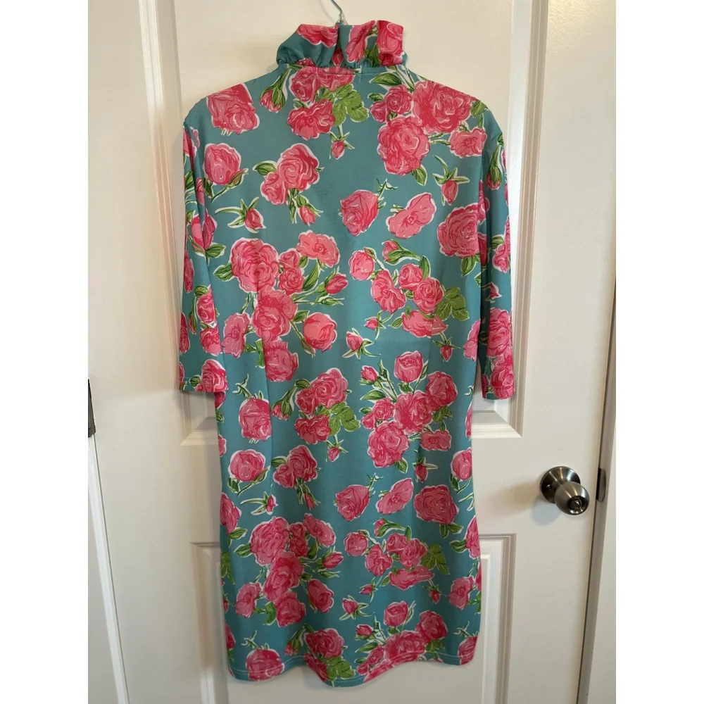 Simply Southern Floral Rose Pattern Blue Pink Ruffle Neckline Dress Size Medium - Picture 4 of 6